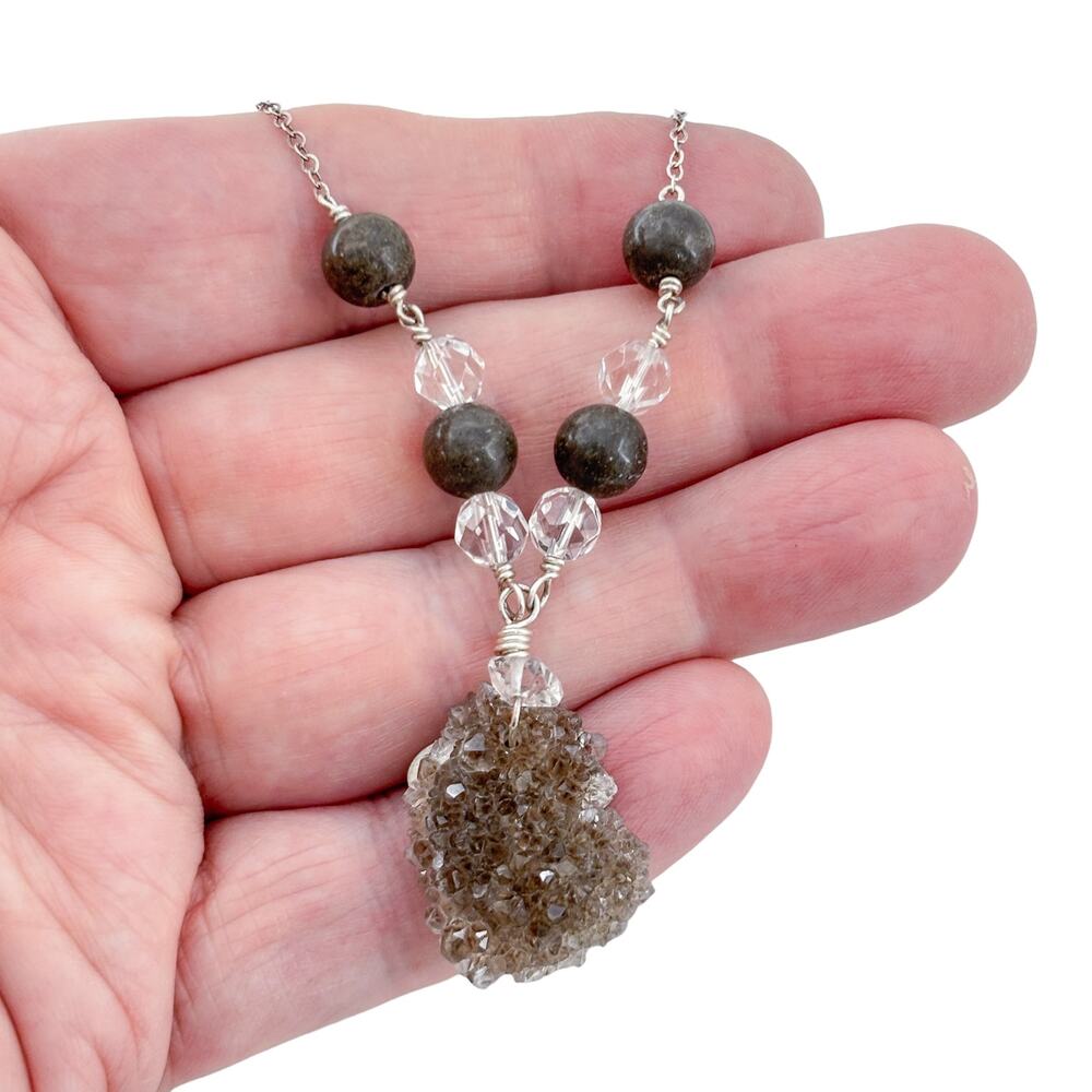 Vintage Deb Guyot Sterling Silver 925 Druzy Smoky Quartz Pendant Necklace 30"